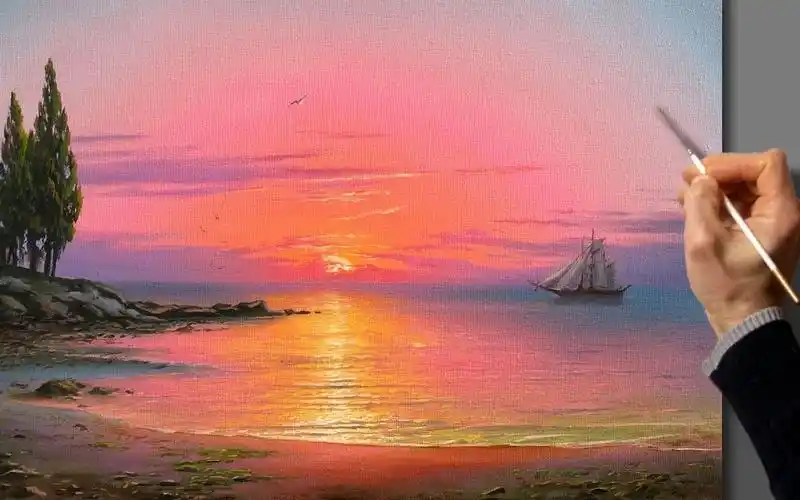 【油画】海上日落,把海洋也照成了夕阳的颜色