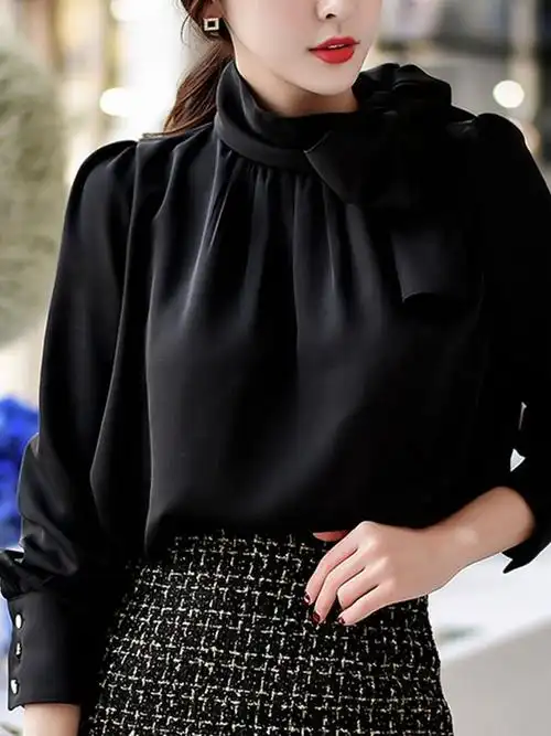 黑色高领衬衫女长袖春秋宽松衬衣气质洋气时尚泡泡袖蝴蝶结上衣潮
