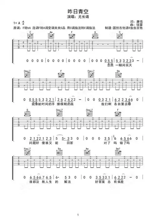 昨日青空吉他谱-弹唱谱-f调-虫虫吉他