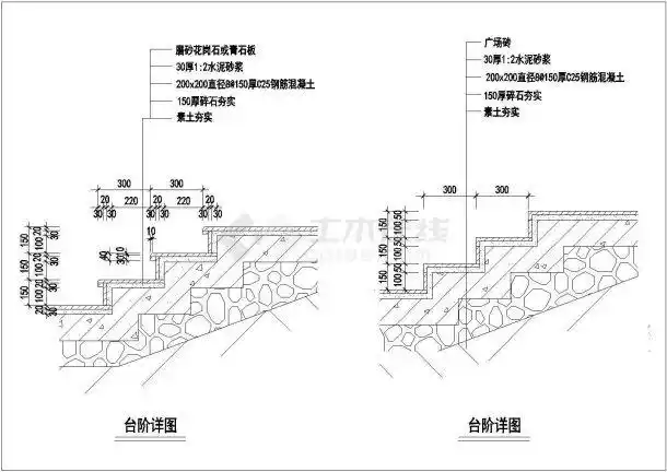 某景观工程台阶设计cad施工详图含3种类型设计