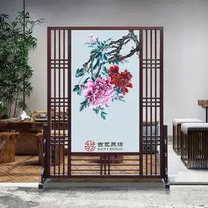 古艺苏绣新中式双面绣牡丹屏风客厅玄关餐厅办公室手工刺绣隔断