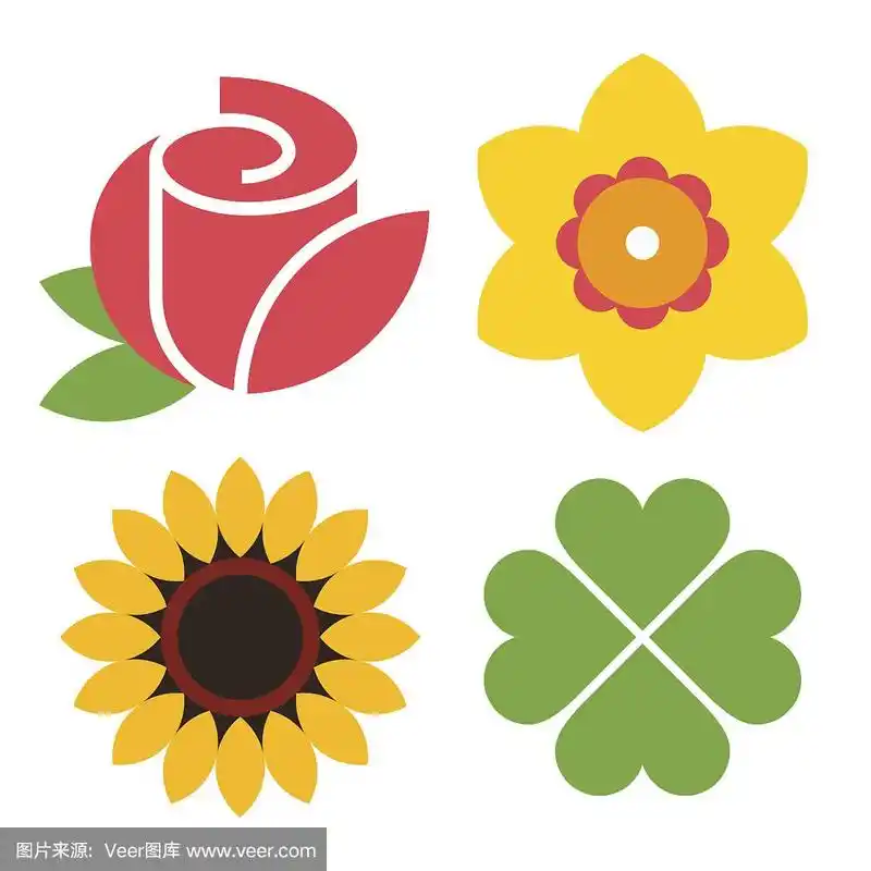 花图标集-玫瑰,水仙,向日葵和三叶草