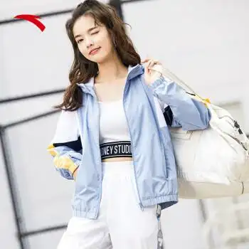 安踏女子运动外套春季宽松休闲上衣梭织薄外套女近海蓝雪花白2160s
