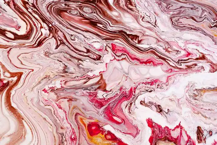 手绘背景.粉红色,白色,棕色和黄色混合丙烯酸涂料.液态大理石纹理.