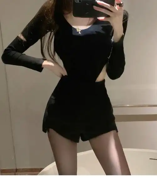 连体衣女上衣打底衫三角镂空露腰连体上衣女连裆紧身性感热辣打底衫