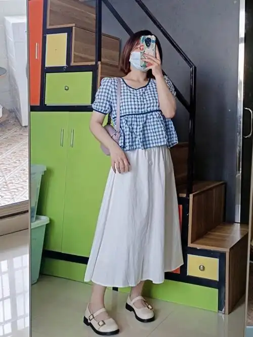 150小个子小清新格子衫配白裙好夏天