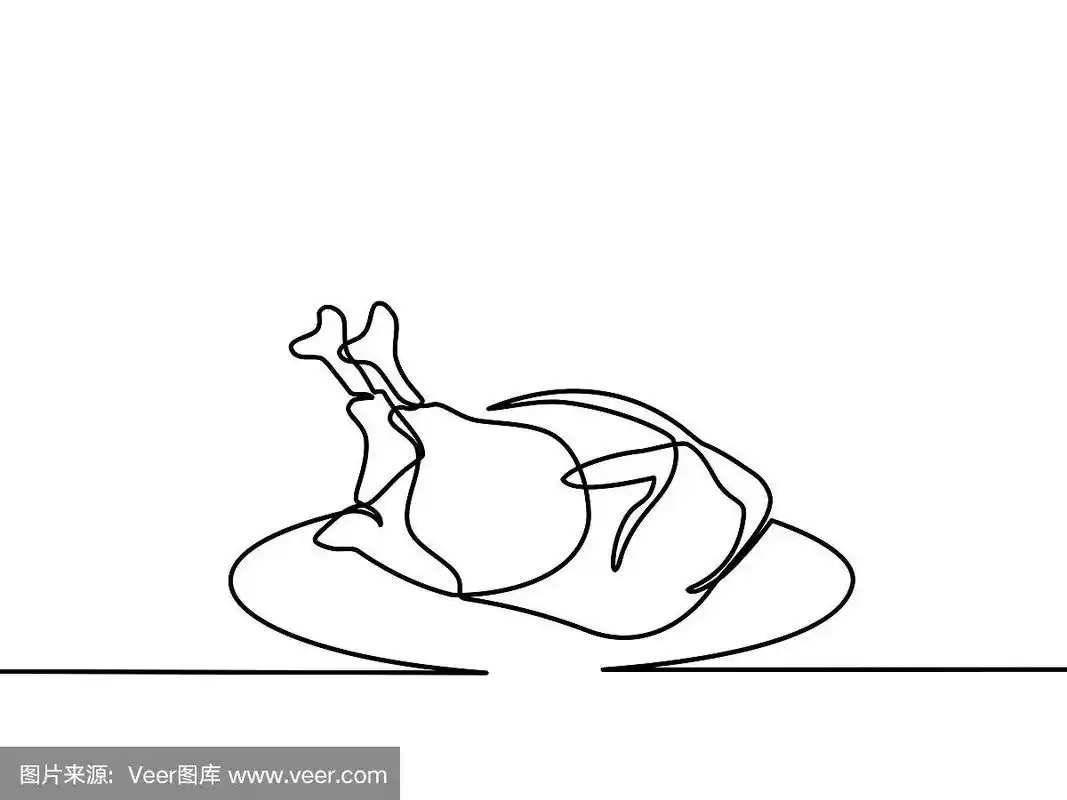 连续的一条线画.盘子里的鸡肉.餐厅的标志.黑白矢量插图.