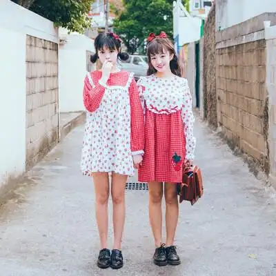 定制【苯小双】独家定制超可爱姐妹草莓格子印花娃娃裙闺蜜裙长袖裙