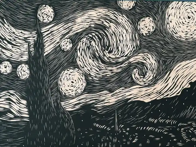 手工雕刻星空木刻版画制作