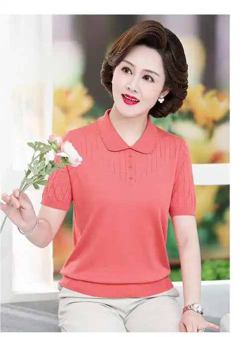 妈妈夏装针织短袖t恤衫中年妇女纯色上衣中老年人洋气翻领打底衫