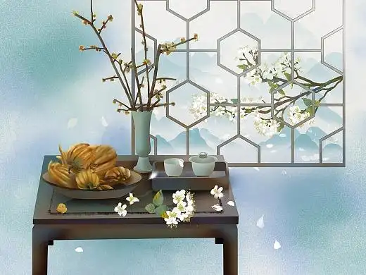 水墨静物古风意境佛手柑梨花连翘中国风古风古韵春天