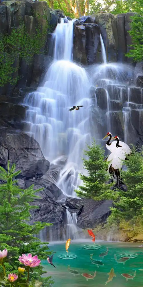 767海报印制展板喷绘高山流水细水长流锂鱼山水风景画