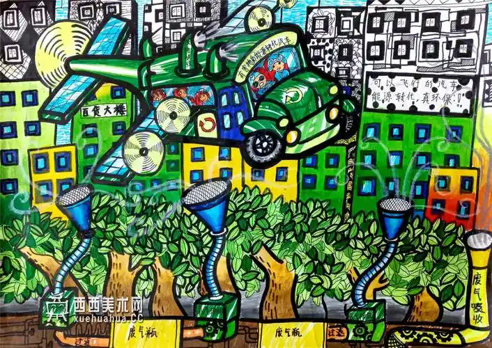 三等奖小学生科幻画《未来绿城》赏析(1)