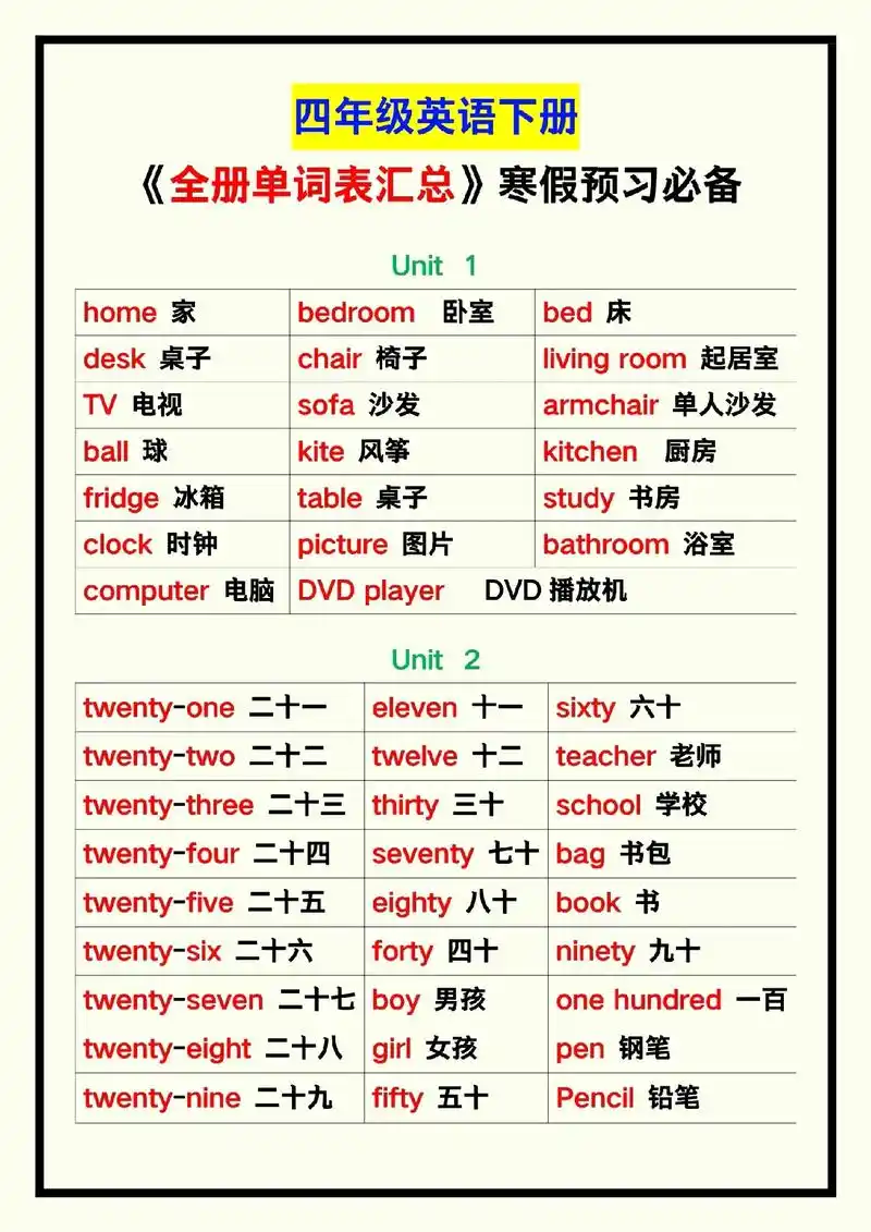 四年级英语下册《全册单词表汇总》,寒假预习!#四年级英语 # - 抖音