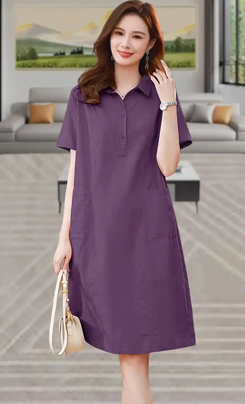 新款中年妈妈亚麻宽松休闲薄款棉麻连衣裙