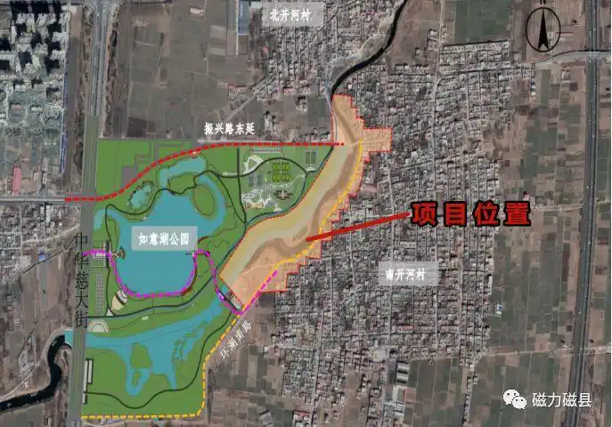 湖闸,北到北开河村庄南边界处,全长960米的滏阳河两岸,核心规划面积