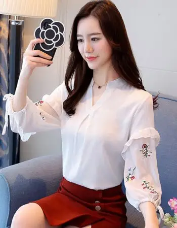 2018春夏新品遮肚子雪纺衫夏季女装长袖春装新款潮洋气小衫宽松上衣服