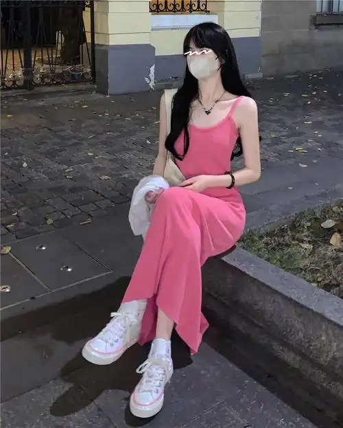 3686#温柔风气质针织吊带裙女夏粉色连衣裙小众收腰a字长裙打底裙