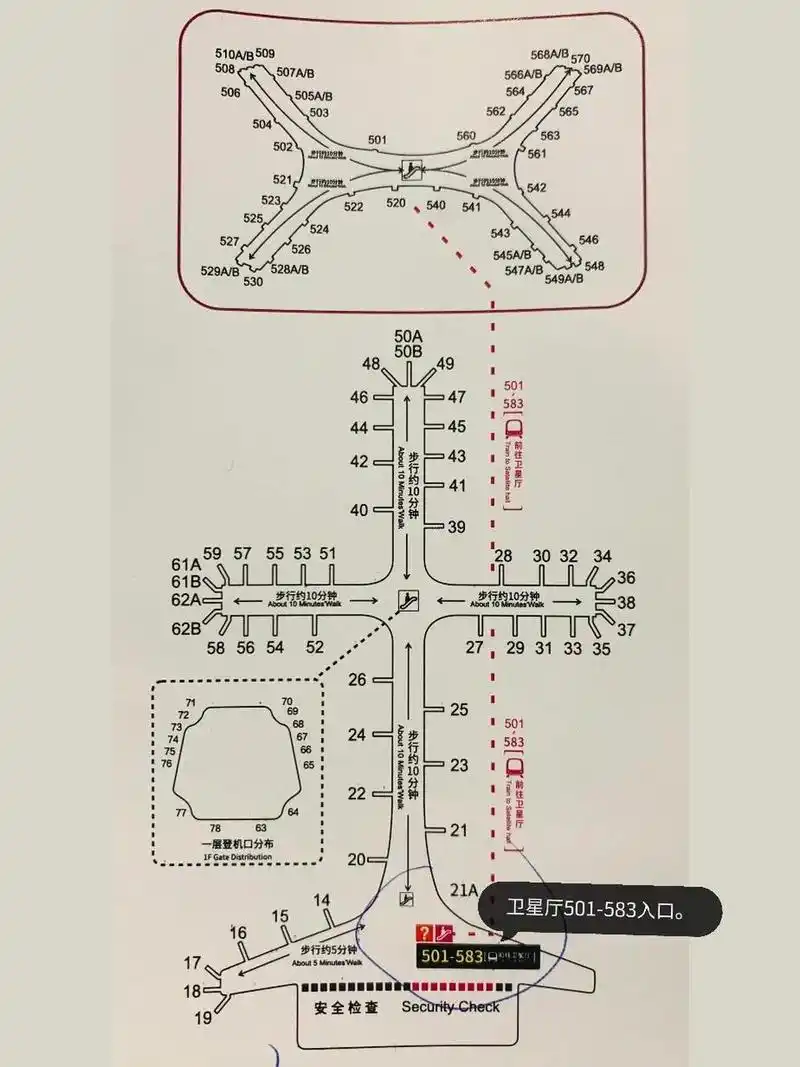 深圳机场登机口分布图 73501--583  登机口需安检后乘捷运小火车