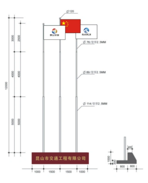 尺寸详见下图,旗台基础要结实牢固,采用红面砖贴面,并安装不锈钢旗杆