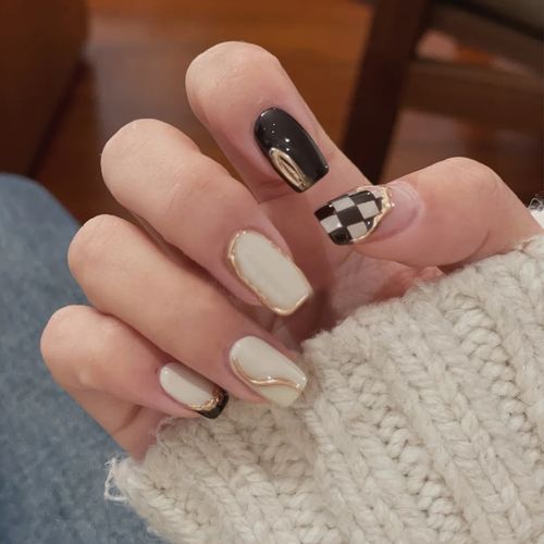 2021秋冬网红美甲ins风浮雕棋盘格手工成品美甲假指甲贴片