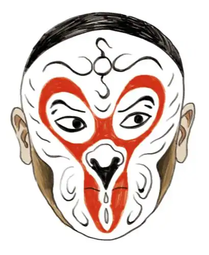 杨小楼将孙悟空的脸谱勾成"一口钟",即脸谱上白色中间的红色图案是一