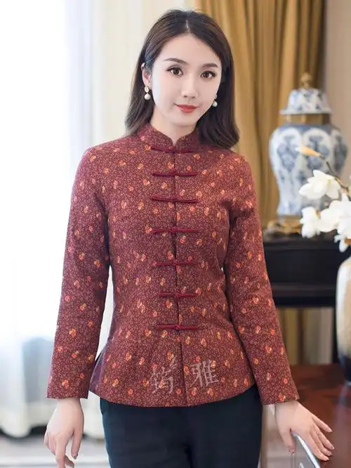 筠雅冬季唐装女装中国风旗袍式上衣加厚保暖夹棉复古长袖中式外套j898