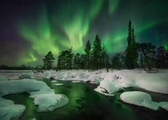 俄罗斯摩尔曼斯克现雪树极光奇景宛如童话世界