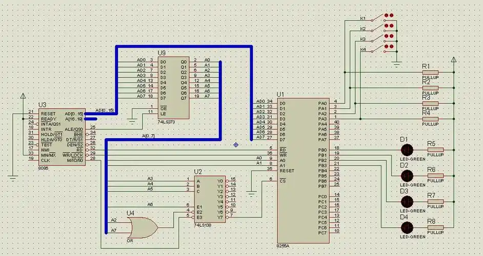 微机原理与接口技术实验:8086,8255a,74ls138开关控制led灯