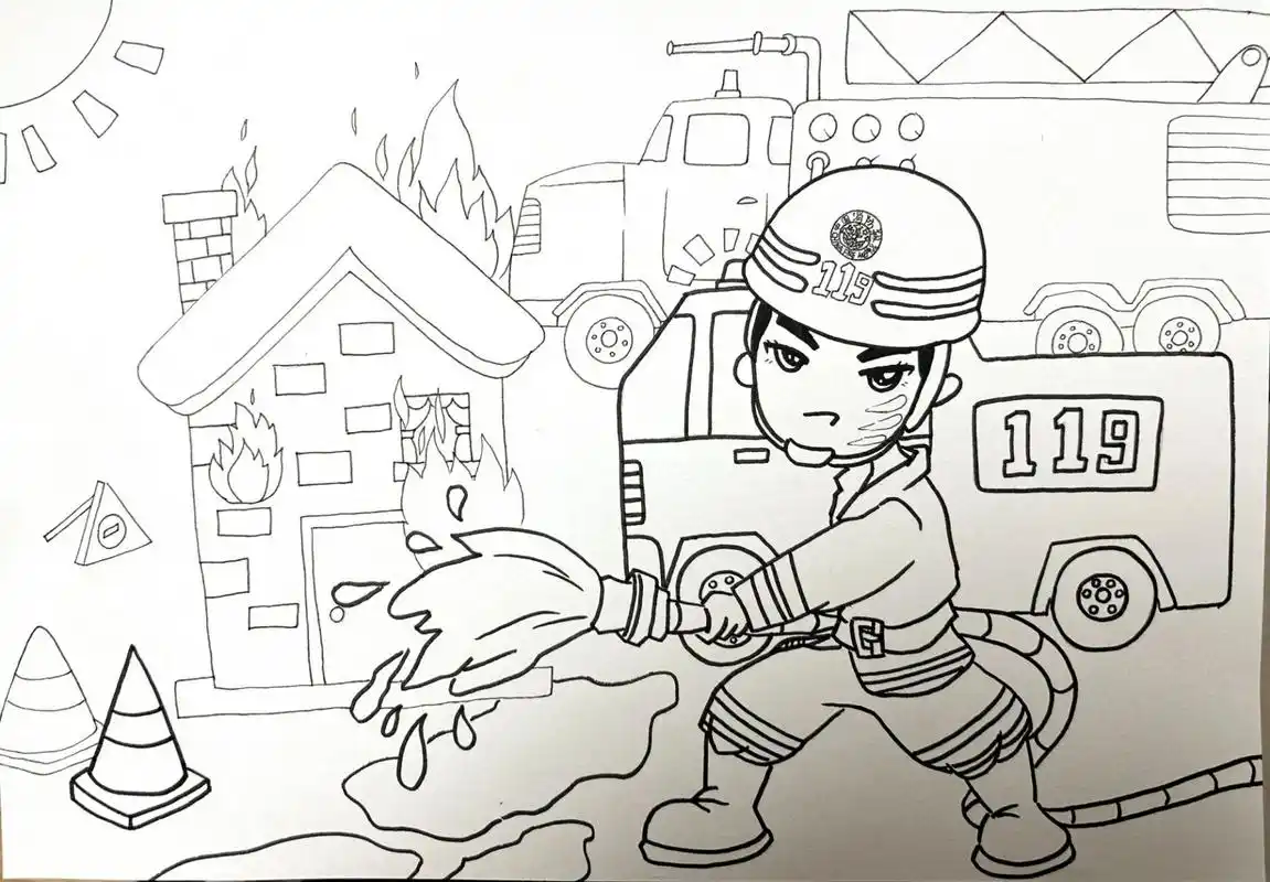 我眼中的火焰蓝,消防安全画         h