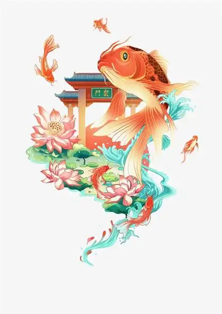 鲤鱼跳龙门国潮图案