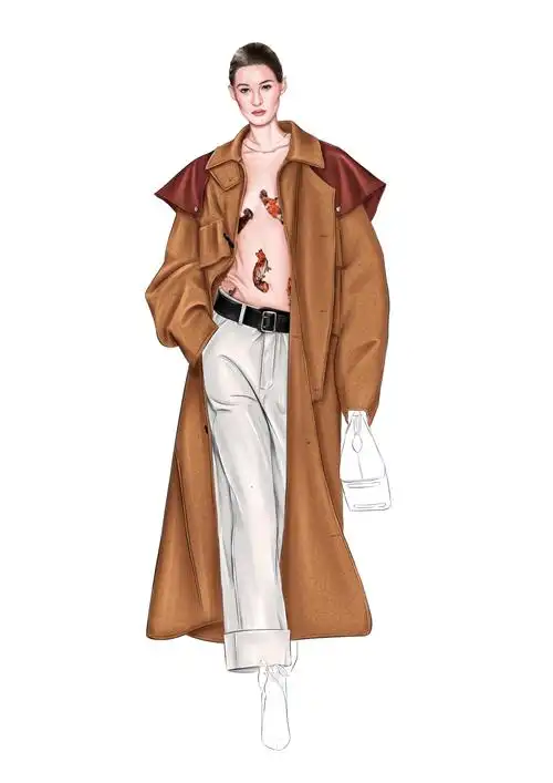设计稿时装插画毛呢大衣服装设计手绘