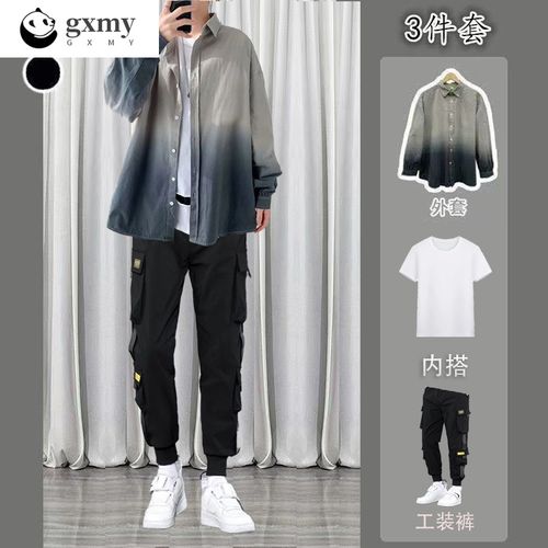 短袖t恤休闲套装潮流三件套成熟一套搭配帅气男装 灰衬 白短t 工装裤
