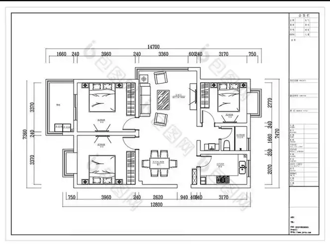 三室两厅cad户型图平面