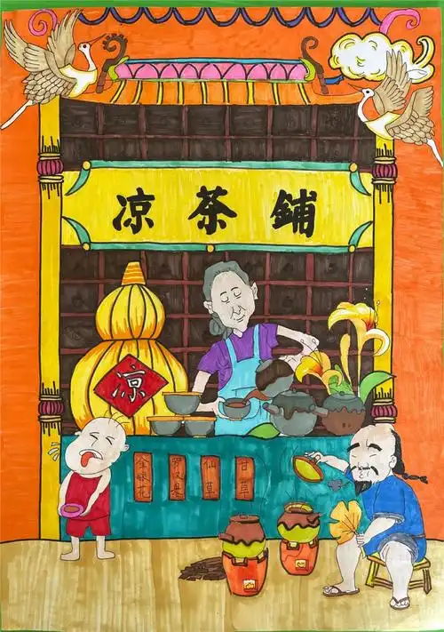 《凉茶铺》 马克笔画作者:陆梓仪(东升镇东升小学)《赛龙舟庆非遗》