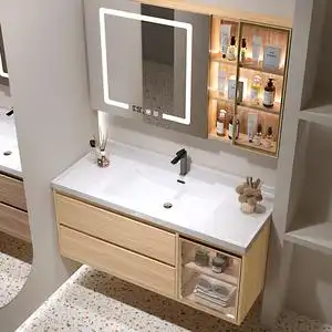日式原木色陶瓷一体岩板浴室柜组合洗手洗脸盆柜卫生间洗漱台卫浴
