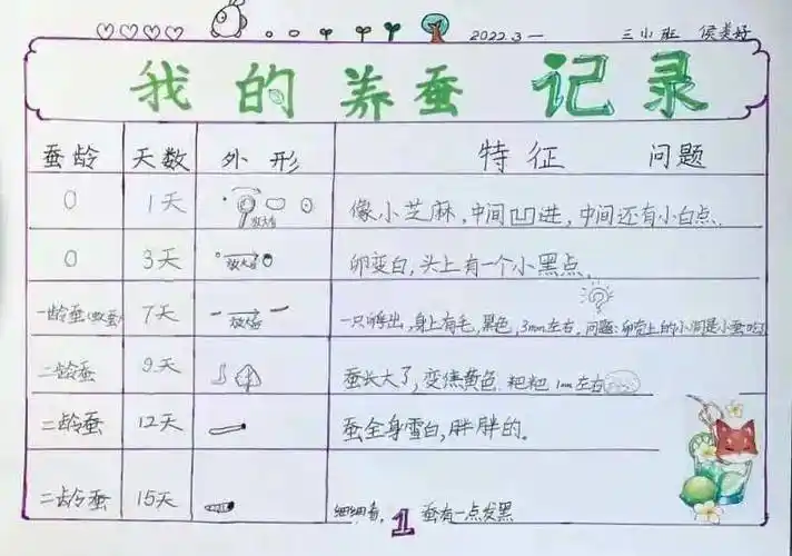 拍照的形式,有的同学采取了表格记录的形式,还有的同学撰写了养蚕日记