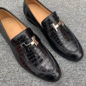 hermes/爱马仕h字母logo男鞋浅口套脚单鞋鳄鱼纹低帮德比皮鞋单鞋