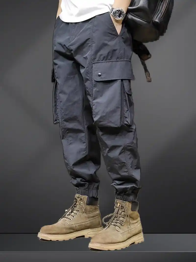 潮龛黑色工装裤男春秋新款.