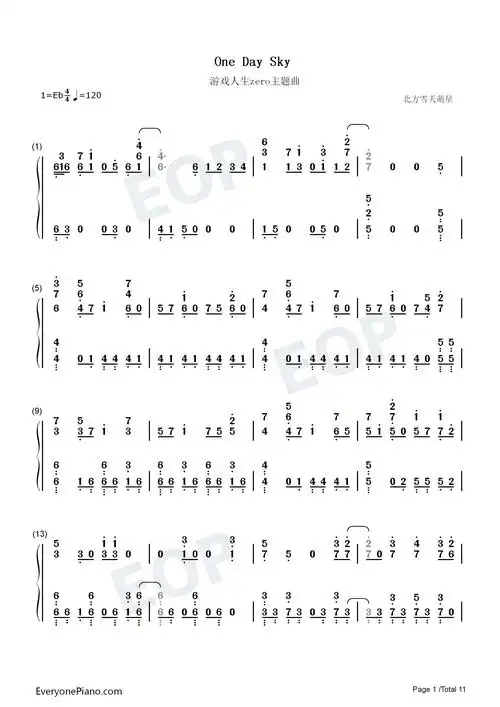 one day sky-游戏人生zero ost-钢琴谱文件(五线谱,双手简谱,数字谱