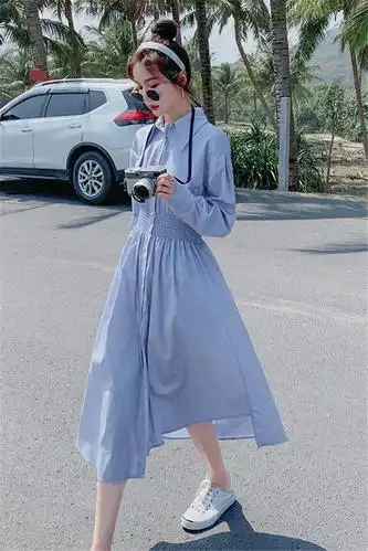 蓝色衬衫连衣裙女2021年早春装新款茶歇高级感轻熟风法式小众裙子