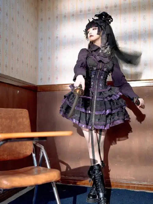 lolita哥特黑紫色的蔷薇定番暗纹sp