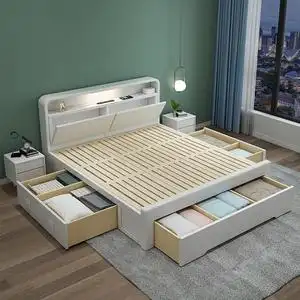 白色加宽实木床2米x2米大床2.2米200×220主卧双人收纳高箱储物床