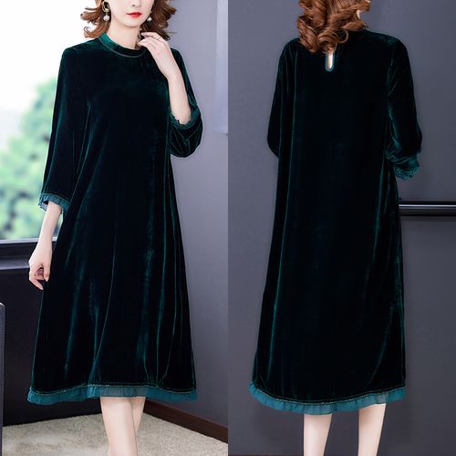 高档桑蚕蚕丝金丝绒连衣裙2022早秋女装时尚中老年连衣裙
