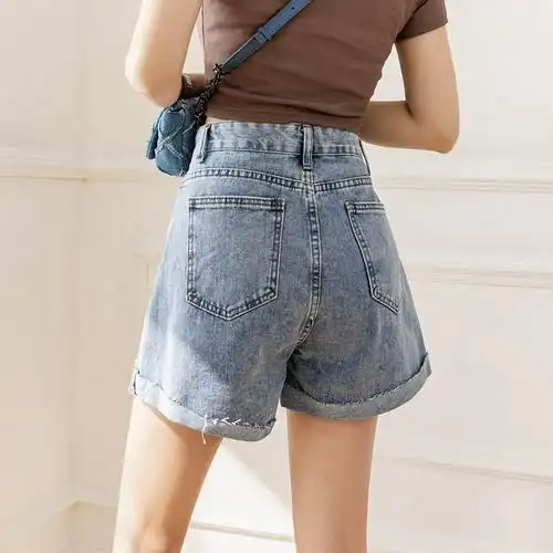 女夏季薄款遮胯卷边休闲a字阔腿热裤显瘦直筒裤实拍高腰牛仔短裤