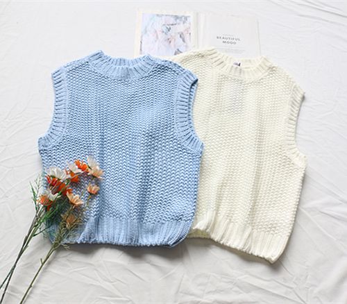 bc5-1原单秋冬圆领宽松纯色小清新粗毛线无袖针织圆领背心马甲毛