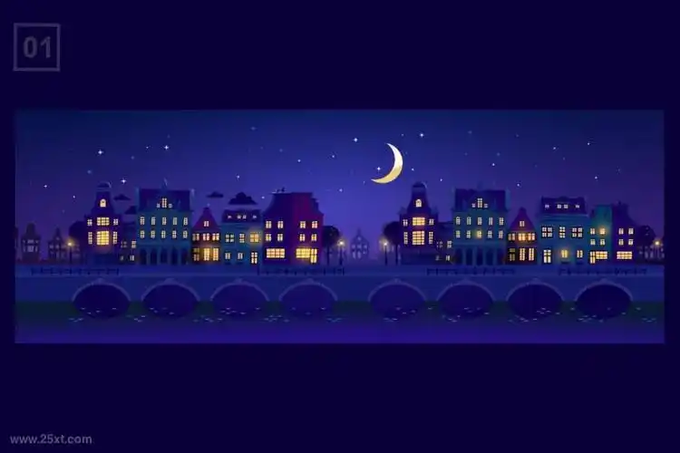 灯火通明的城市夜景矢量插画素材