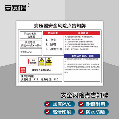 安全风险点告知牌 岗位风险点告知卡 标志标示提示牌 40x60cm 变压器