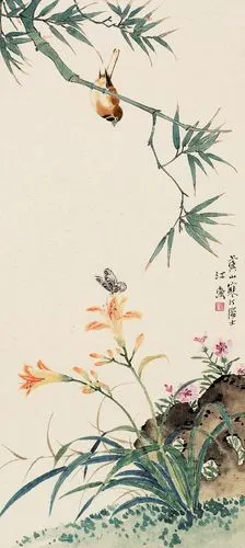 江寒汀 竹雀萱蝶 立轴