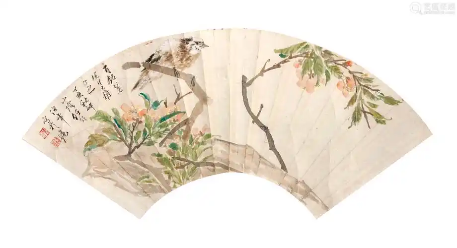 任伯年小鸟立枝头扇面